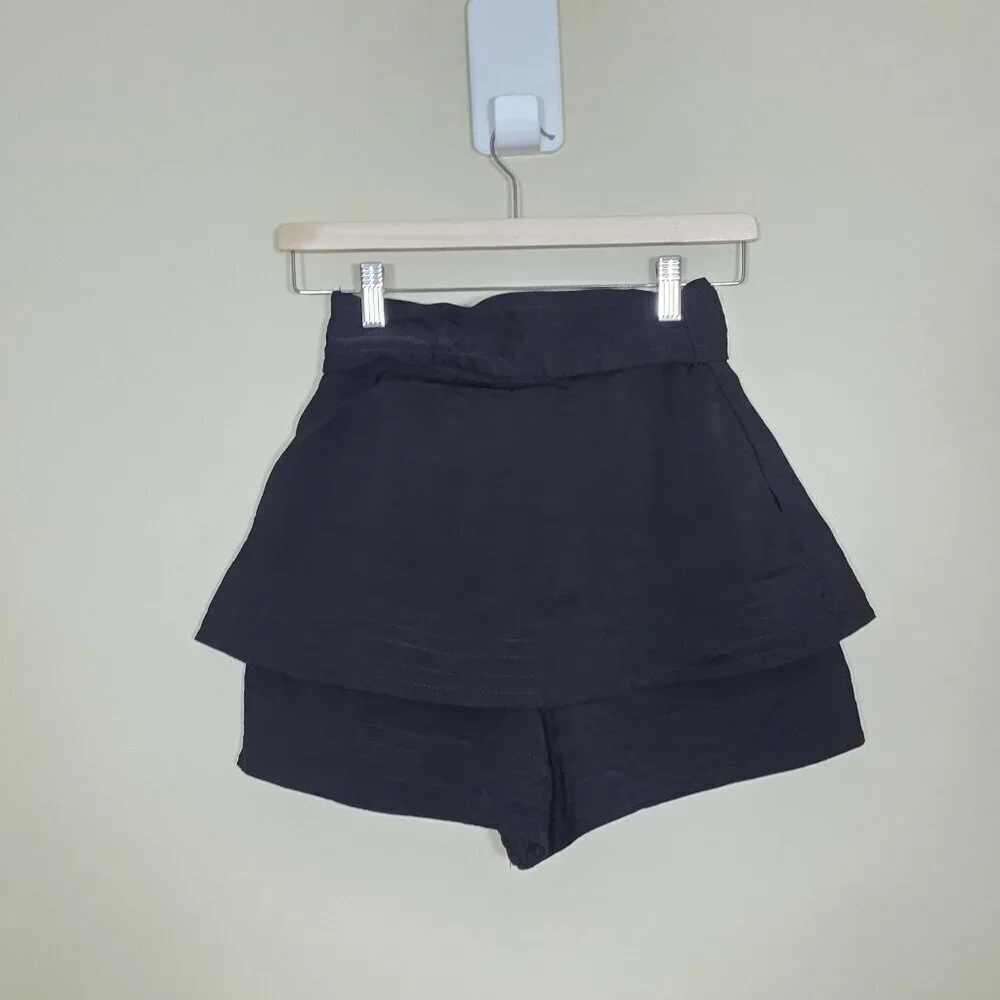 Maje Iloz Tiered Short Women 36 Black High Rise Pockets Belt Side Zip Goth Twill